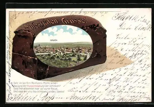 Passepartout-Lithographie Hagen / Westfalen, Ortsansicht auf einem Pumpernickel