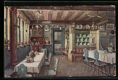 Künstler-AK Grossreuth, Gasthaus Cafe Lutz, Gaststube, Innenansicht