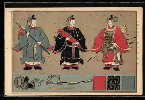 Künstler-AK Samurai in traditionellen Kimonos mit Pfeil und Bogen, Speer, Katana