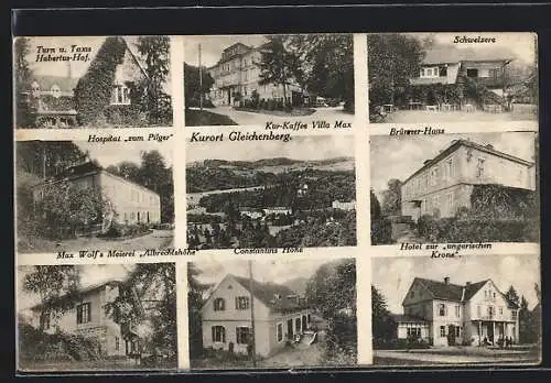 AK Gleichenberg, Kur-Café Villa Max, Hotel zur ungarischen Krone, Hospital zum Pilger, Turn und Taxis Hubertus-Hof