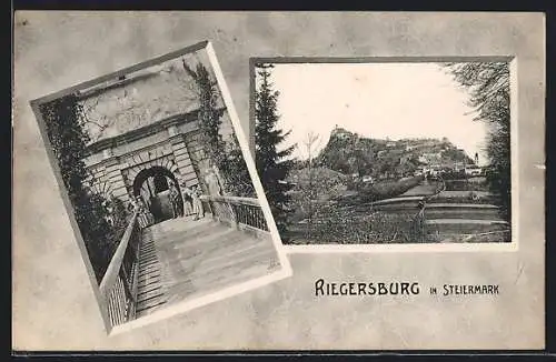AK Riegersburg /Steiermark, Schlossportal, Ortsansicht aus der Ferne