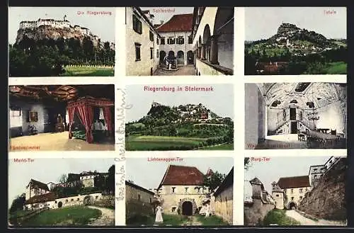 AK Riegersburg, Ortsansicht mit der Burg und sieben Ansichten aus der Burg