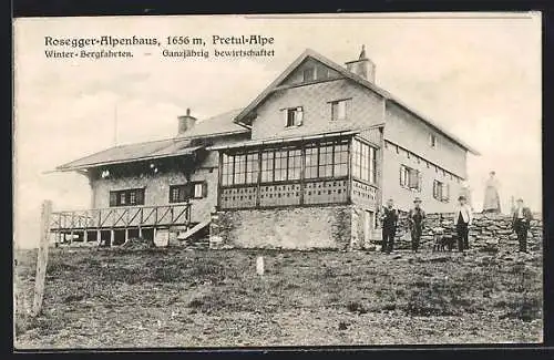 AK Rosegger-Alpenhaus, Menschen neben der Baude auf der Pretulape