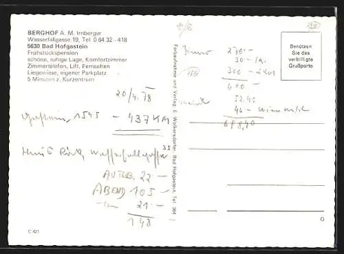 AK Bad Hofgastein, Die Pension Berghof, Inh. A. M. Irnberger, Wasserfallgasse 19