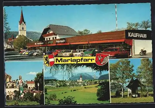 AK Mariapfarr /Land Salzburg, Kaufhaus Petritsch mit Kirche, Volksfest, Heiligenhäuschen