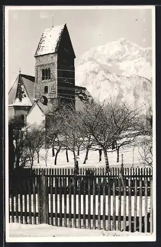 AK Anif mit Untersberg, Die Kirche im Schnee
