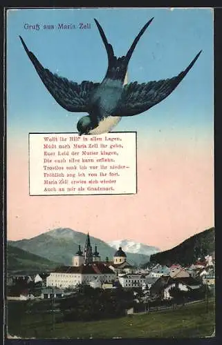 AK Maria Zell, Ortsansicht in den Bergen, Schwalbe mit einem Gedicht