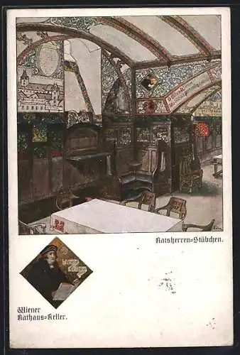 Künstler-AK Wien, Gasthaus Rathaus-Keller, Innenansicht Ratsherren-Stübchen, Conrad Leites