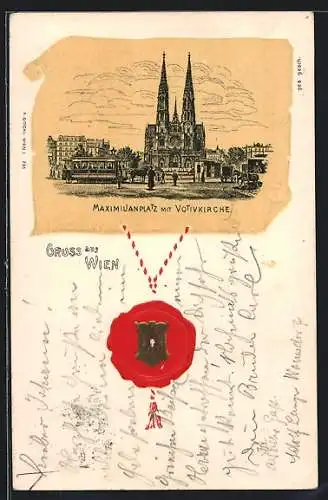 Lithographie Wien, Maximilianplatz mit Votivkirche, geprägtes Wachssiegel mit Wappen