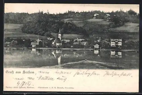 AK Seeham, Ortsansicht mit Kirche am Wasser