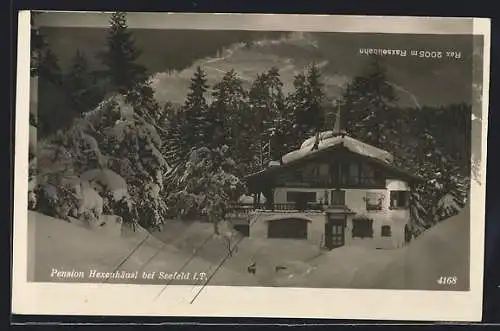 AK Seefeld i. T., Hotel-Pension Hexenhäusl im Schnee