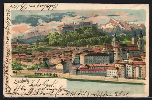 Künstler-AK Salzburg, Ortsansicht mit Burg