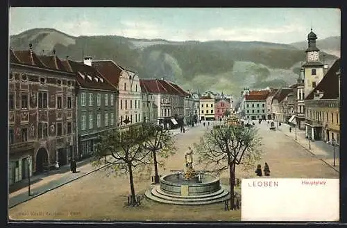 AK Leoben, Hauptplatz mit Denkmal und Kirchturm