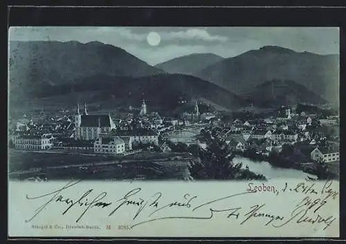 Mondschein-AK Leoben, Ortsansicht mit Kirche und Brücke