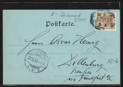 Mondschein-AK Leoben, Ortsansicht mit Kirche und Brücke