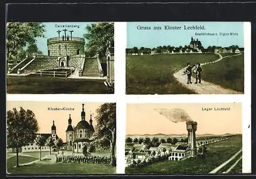 Künstler-AK Lager Lechfeld, Kloster & Geschäftshaus v. Eligius Wörle, Klosterkirche, Calvarenberg