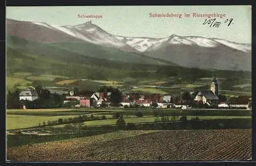 AK Schmiedeberg, Ortsansicht mit Schneekoppe