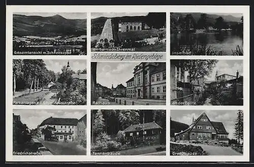 AK Schmiedeberg im Riesengebirge, Gesamtansicht mit Schneekoppe, das Inselbad, Grenzbaude, Tannenbaude