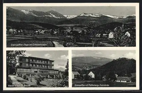 AK Steinseiffen i. Rsgb, Kaiser-Friedrich-Bade, Ortsansicht mit Pfaffenberg & Teichränder, Totalansicht mit Schneekoppe