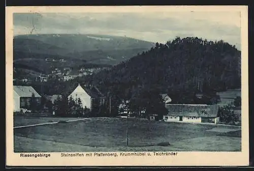 AK Steinseiffen, Ortsansicht mit Pfaffenberg, Krummhübel und Teichränder