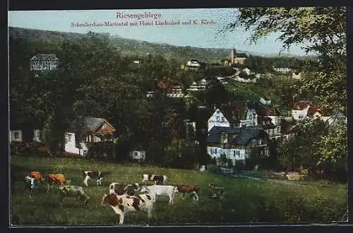 AK Schreiberhau-Mariental, Ortsansicht mit Hotel Lindenhof und K. Kirche