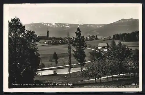 AK Mittel-Schreiberhau, Blick zum Ort mit Kath. Kirche