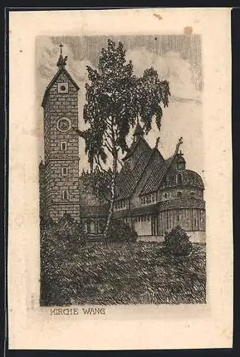 Künstler-AK Brückenberg i. Riesengeb., Ansicht der Kirche Wang