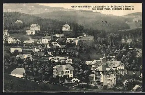 AK Ober-Krummhübel i. Riesengebirge, Teilansicht mit Hotel Goldner Frieden und Dr. Ziegelroths Sanatorium