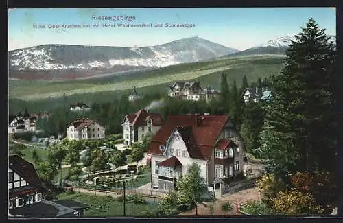 AK Ober-Krummhübel i. Riesengebirge, Teilansicht mit Hotel Weidmannsheil und Schneekoppe