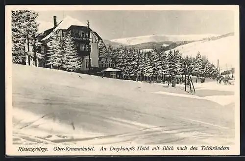AK Ober-Krummhübel, Dreyhaupts Hotel mit Blick nach den Teichrändern