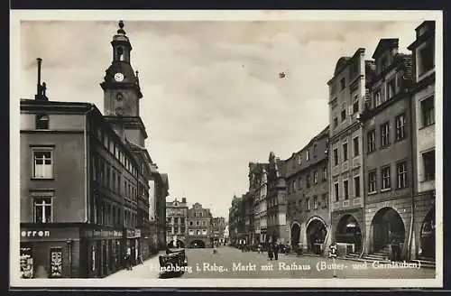 AK Hirschberg i. Rsgb., Markt mit Rathaus, Butter- und Garnlauben
