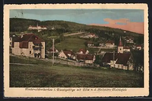 AK Nieder-Schreiberhau i. Riesengebirge, Teilansicht mit Blick nach der Heilstätte Moltkefels