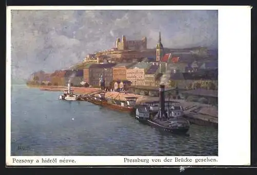 AK Pressburg, Ortspartie mit Schiffsanlegestelle von der Brücke aus gesehen