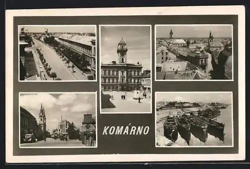 AK Komárno, Strassenpartie, Hafenpartie mit Dampfer, Kirche