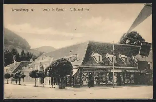 AK Trencsénteplicz, Warenhaus Attila und Post