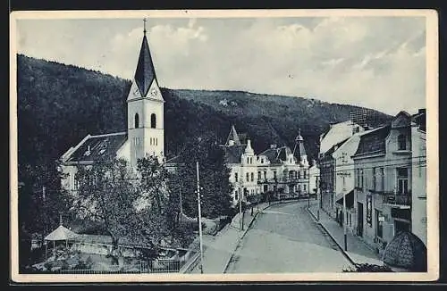 AK Trenc. Teplice, Marsaygasse mit Kirche aus der Vogelschau