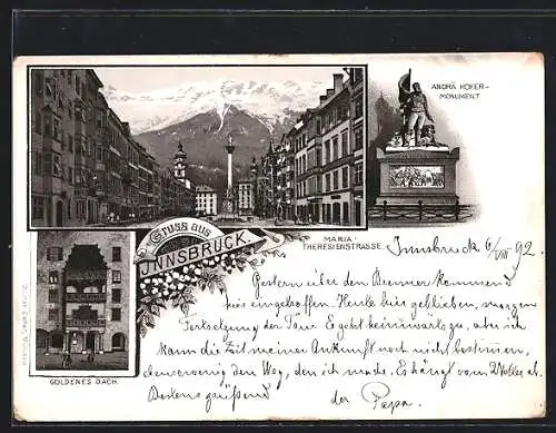 Vorläufer-Lithographie Innsbruck, 1892, Goldenes Dachl, Andrä Hofer Monument, Maria Theresienstrasse