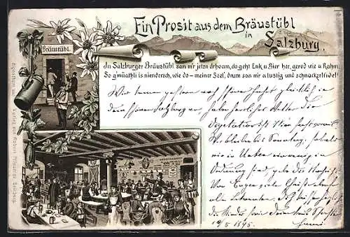 Vorläufer-Lithographie Salzburg, 1895, Gasthaus Bräustübl, Innenansicht