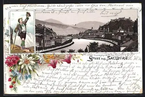 Vorläufer-Lithographie Salzburg, 1894, Panoramablick auf die Stadt, grüssender Wanderer in Tracht