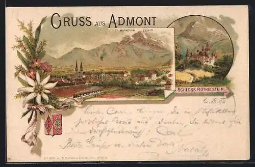 Vorläufer-Lithographie Admont, 1895, Ortsansicht gegen Buchstein, Schloss Röthelstein