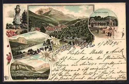 Vorläufer-Lithographie Aussee, 1895, Kaiser Franz Joseph Bad, Grundlsee, Panorama