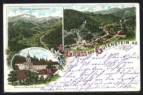 Vorläufer-Lithographie Gutenstein, 1895, Schneeberg & das Klosterthal, Mariahilferberg, Ortsansicht aus der Vogelschau