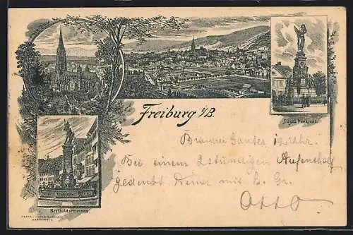 Vorläufer-Lithographie Freiburg i. B., 1890, Bertholdsbrunnen, Sieges-Denkmal, Münster