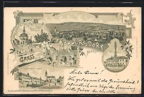 Lithographie Göllersdorf, Gräflich Schönbornsche Gruft Kapelle, Marien-Säule, Marktplatz mit Kirche