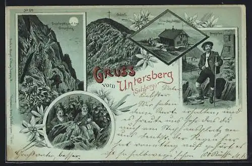 Mondschein-Lithographie Untersberghaus /Salzburg, Geieckspitze, Doppfersteig auf dem Unterberg, Bergführer