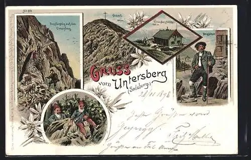 Lithographie Untersberg, Gasthof Untersberghaus, Bergführer, Zwerge