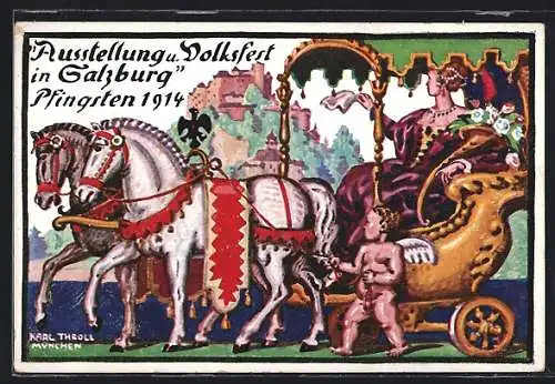 Künstler-AK Salzburg, Ausstellung und Volksfest Pfingsten 1914, Prächtige Kutsche von einem Engelchen geführt