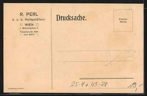 Künstler-AK Wien, Erster Speditions-Lastkraftwagen von R. Perl, Makartgasse 3