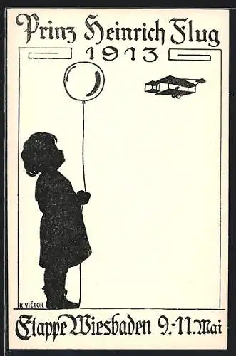 AK Wiesbaden, Prinz Heinrich Flug 1913, Kind mit Luftballon und Flugzeug