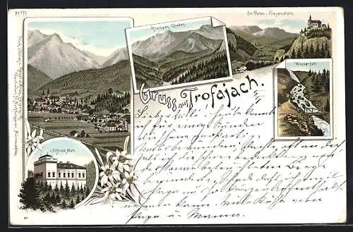 Lithographie Trofaiach, Wasserfall, Schloss Mell, Ortsansicht